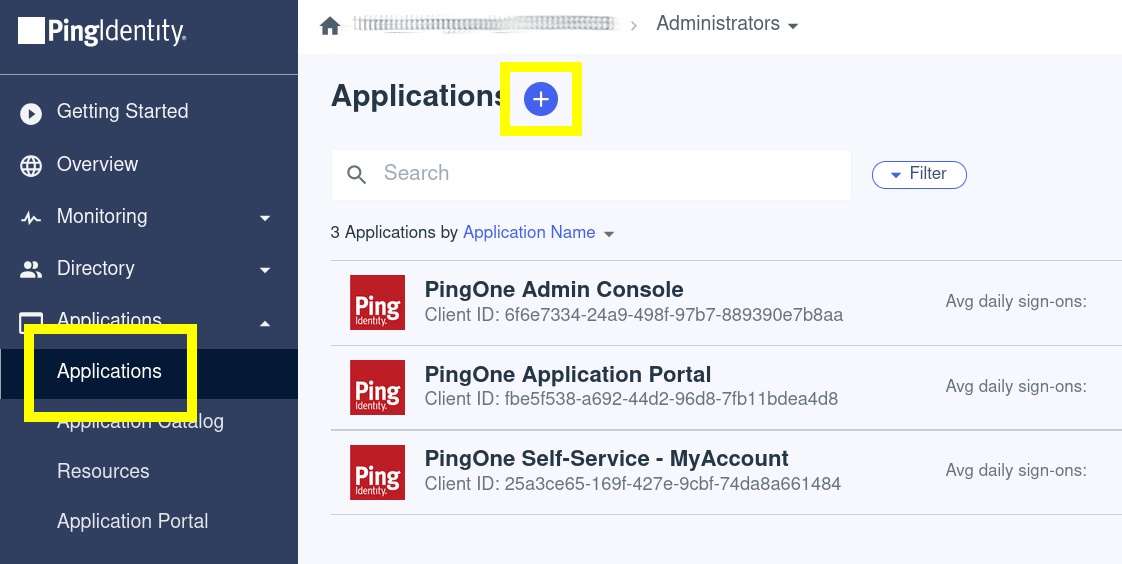 Screenshot of the Ping Identity Dashboard, showing the applications landing page. The Applications tab in the left hand sidebar and the 'add application' plus sign icon are highlighted in yellow.