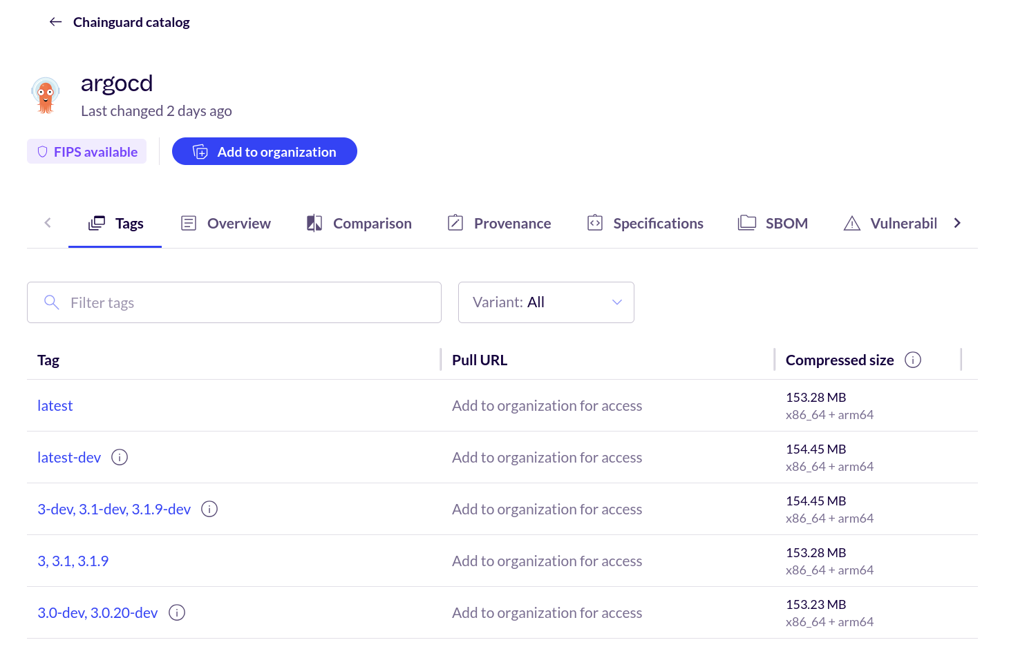 Screenshot of the Container Details page for the argocd image, showing the 'Tags' tab.